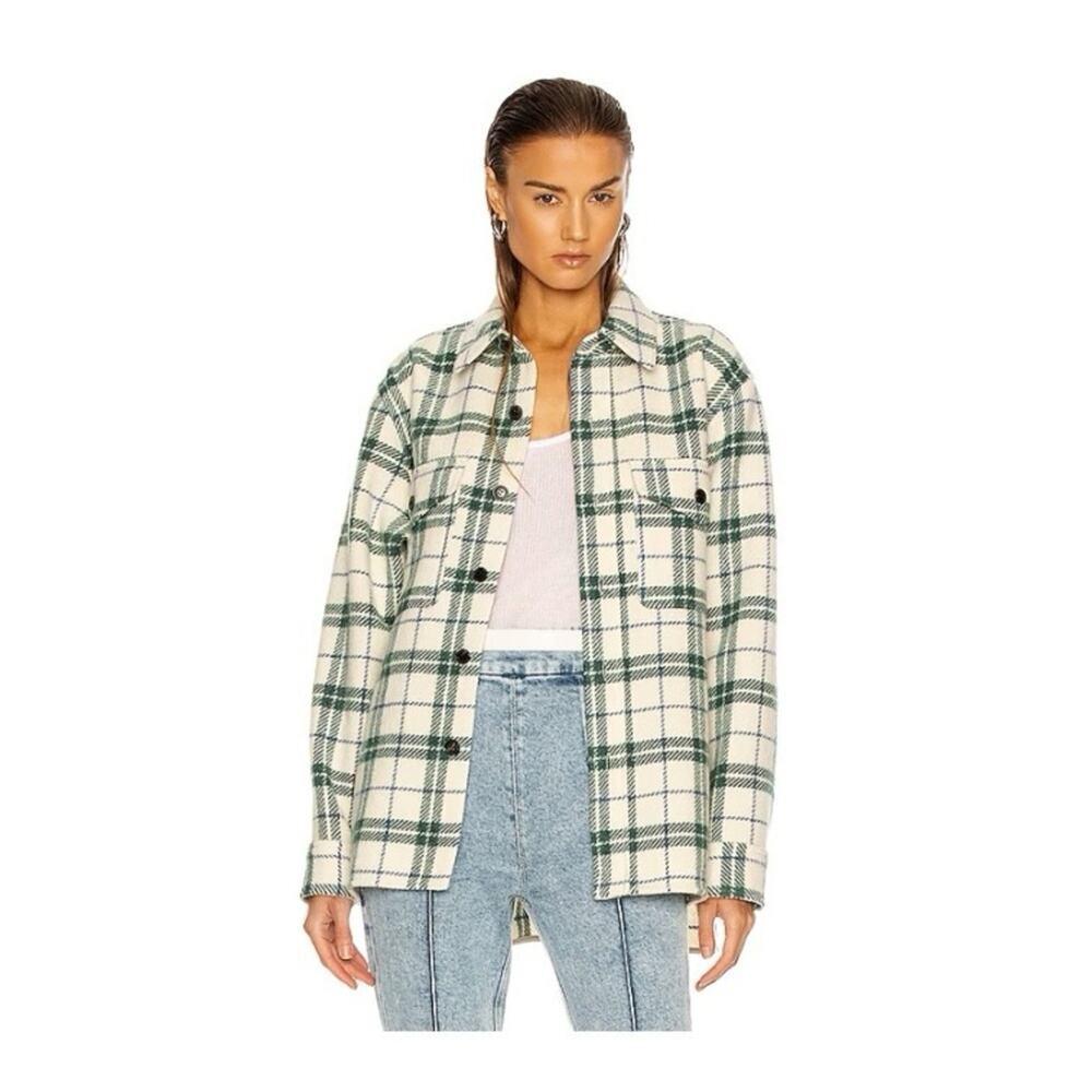 Isabel Marant Etoile Wool Faxon Shirt Jacket Shacket Plaid White Green Small